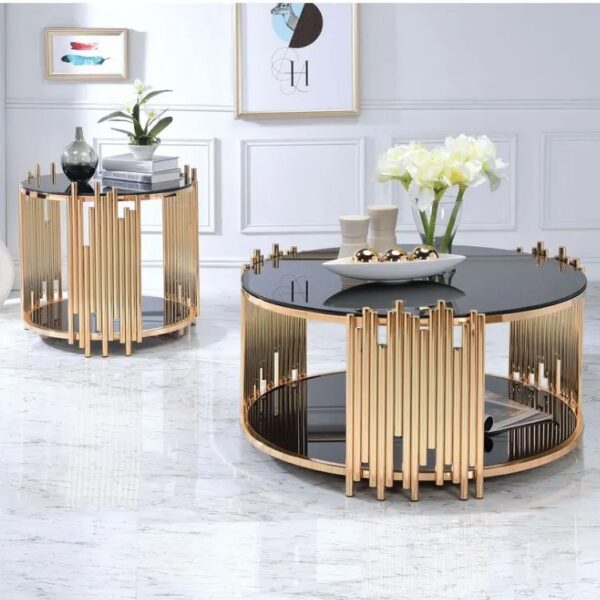 Meubles de salon en acier inoxydable au design moderne table basse ronde en verre noir de luxe